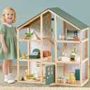 Tiny Land Wooden Dollhouse for Girls - 6 Rooms Wooden Doll House, DIY Pretend Doll House with 31Pcs Furniture Accessories, Creative Gift for Girl Ages 3+, Green, Large Size