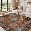 8x10 Area Rugs for Living Room, Machine Washable Low Pile Rug, Non Slip Backing Boho Rugs for Bedroom, Printed Soft Vintage Carpet Sienna Brown 8 x 10