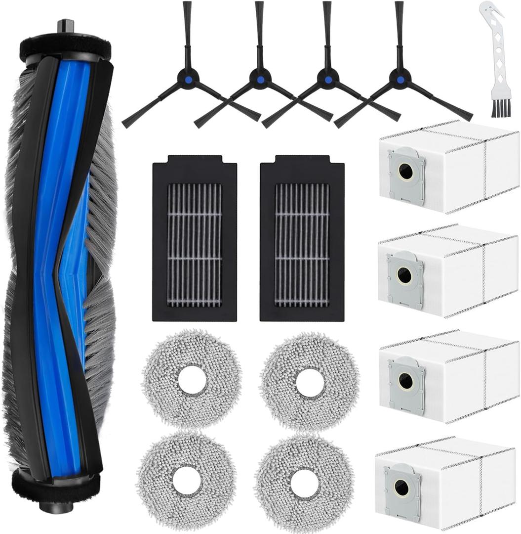 16 Pack Replacement Parts for Ecovacs Deebot T50 Pro/T50 Omni/T50 Pro Omni Vacuum Cleaner, 1 Main Brush, 2 Filters, 4 Wipes, 4 Side Brushes, 4 Dust Bags, 1 Cleaning Brush