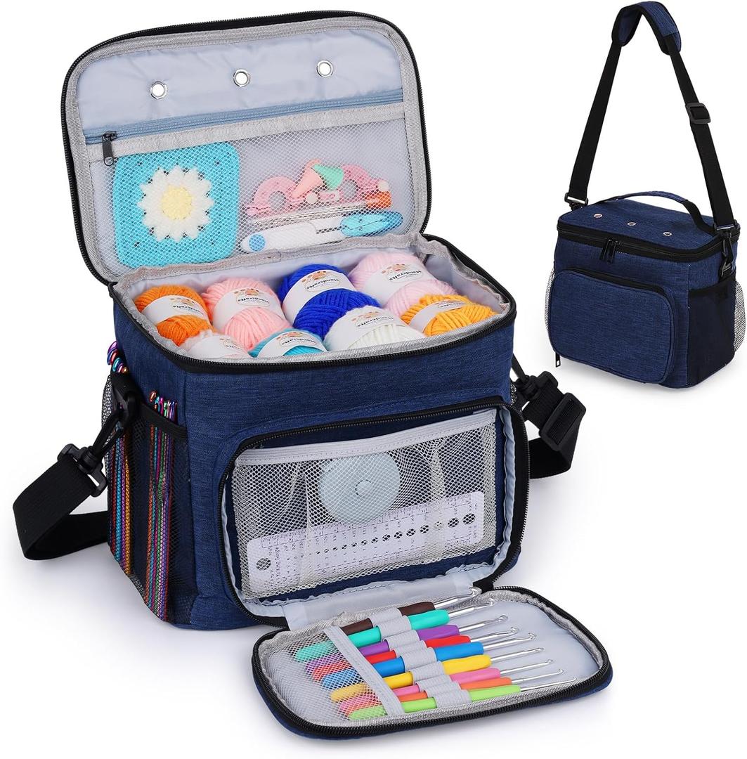 Aeelike Yarn Storage Organizer Travel Crochet Bag, Large Capacity Tote Bags Knitting Bag for Carrying Projects, Knitting Needles,Crochet Hooks and Yarn, Blue