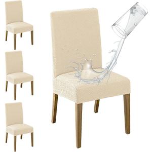 MOSAYT 100% Waterproof Dining Room Chair Covers Set of 4, Super Fit Stretch Jacquard Parson Chairs Slipcovers Removable Washable Chair Seat Protectors for Home, Kitchen, Banquet (Beige)