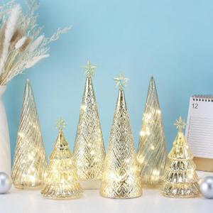 Set of 6 Illuminated Mercury Glass Christmas Tree Tabletop Tree Figurines with LED Lights Battery Operated Lighted Christmas Table Centerpieces for Indoor Fireplace Mantel Decorations (Stylish)