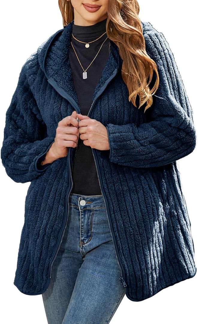 Womens Fleece Jacket Hooded Winter Warm Full Zip Long Sleeve Sherpa Jacket Coat Outerwear with Hood  (Blue), M