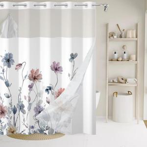 AWERT No Hook Shower Curtain with Snap in Liner Watercolor Floral Shower Curtain and Liner Set Double Layers Waterproof Fabric and See-Through Top Window Bathroom Decorative 71x83inch (Flower)