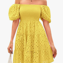 chouyatou Women's 2025 Eyelet Lace Embroidery Smocked Dress Square Neck Puff Sleeve Off Shoulder Tiered Mini Dress Size S