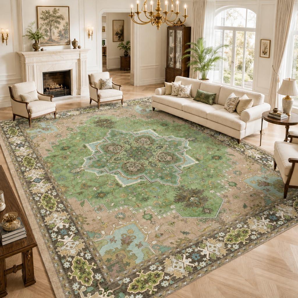 AMADA HOMEFURNISHING 9x12 Area Rug for Living Room, Vintage Washable Area Rug Low-Pile & Non-Slip Carpet for Bedroom Dining Room Nursery Home Office, Green