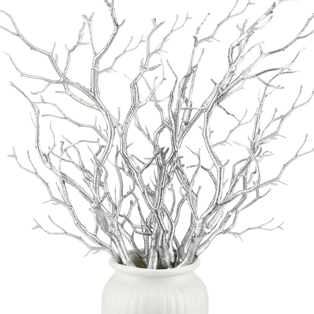 Geosar 13.8 Inch Small Manzanita Branches Plastic Faux Branches Artificial Antler Shaped Tree Branch Decorative Plant Twigs for Home Wedding Table Centerpiece Festival Decors(Silver,10 Pieces)