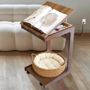 C Shaped End Table with Charging Station, Small Side Table for Couch, C Table with Wheels and Adjustable Desktop, Wooden Couch Table for Living Room, Bedroom (Brown)