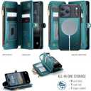 Defencase for iPhone 17 Pro Max Magnetic Wallet Case Compatible with Magsafe with RFID Blocking Zipper Card Holder for Women Men PU Leather Strap Detachable Case for iPhone 17 Pro Max 6.9", Blue Green