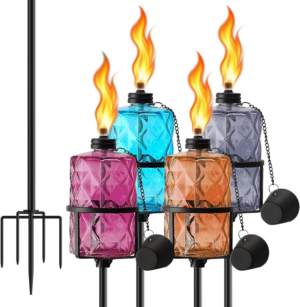 SNOGSWOG Glass Citronella Torches Set of 4, 12 Oz Outdoor Garden Torch with 5-Prong Grounded Stake, 59 Inch Glass Torch for Home Dcor, Outside Torches for Backyard, Garden, Patio, Muti-Color