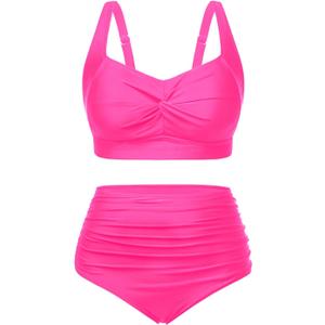 Tempt Me Women Plus Size High Waisted Bikini Set Two Piece Swimsuit Tummy Control Bathing Suits (Hot Pink), 16W