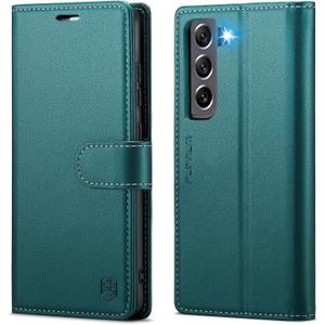 Wallet Case for Samsung Galaxy S21 FE 5G, RFID Blocking Credit Card Holder, PU Leather Folio Flip Kickstand Protective Shockproof Cover for Galaxy S21 FE (Blue-Green)