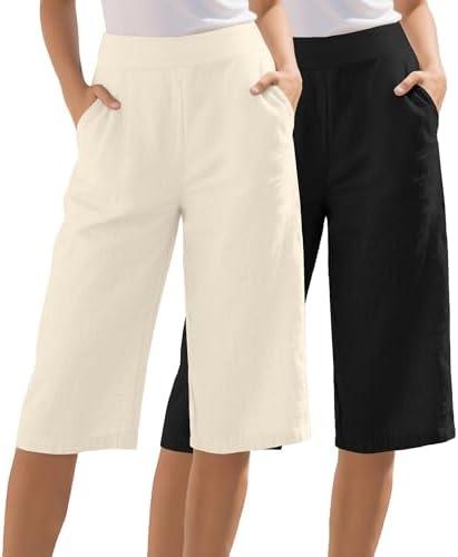Locoowai 2 Pack Women's Linen Capri Pants Wide Leg Cropped Palazzo Trousers with Pockets High Waist Beach Summer Casual Pants Medium