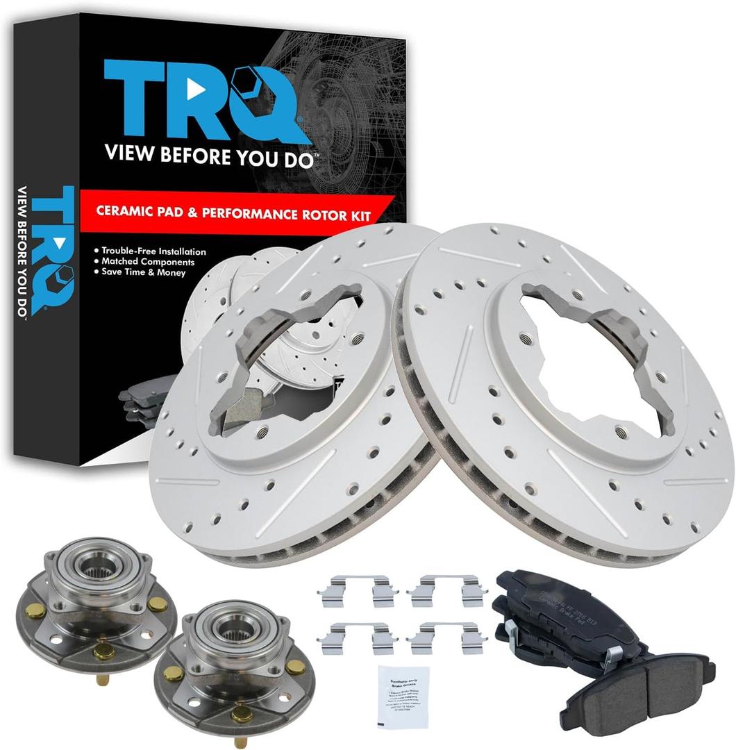 TRQ Front Performance Brake Pad & Rotor Kit Brake Pads Brake Rotors Set Wheel Hub Bearing Assembly Ceramic Premium G-Coated Compatible with 1997 Acura CL 1990-1997 Honda Accord