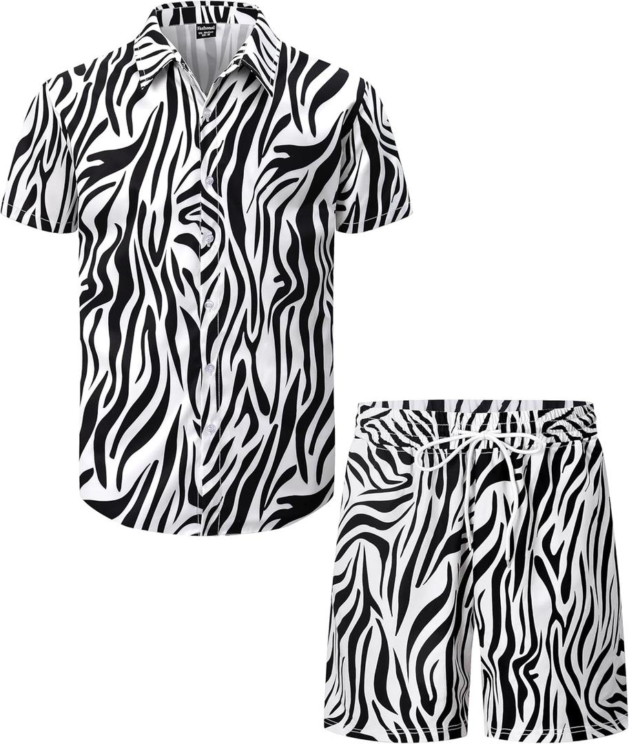 Mens Hawaiian Print Shirts and Shorts Sets Casual 2 Piece Outfits Summer Tracksuit, M-4XL (XX-Large, Zebra)