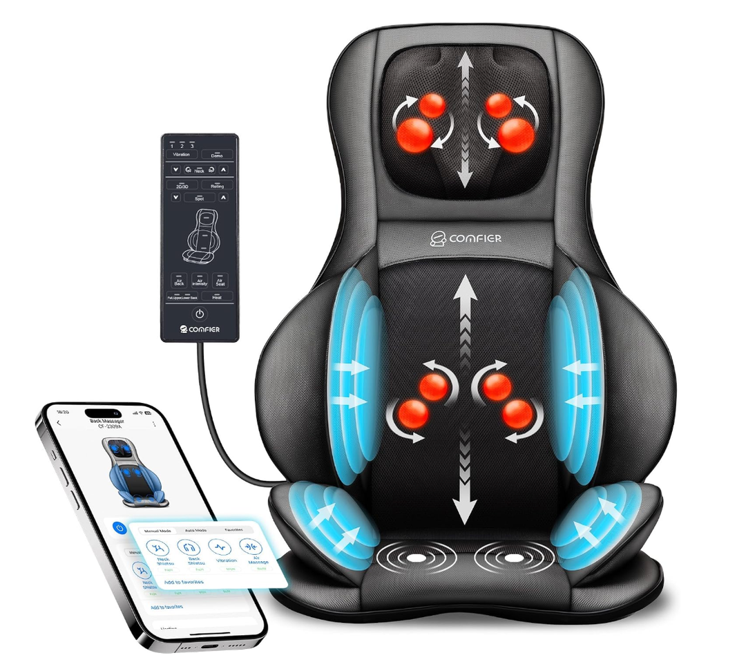 COMFIER Shiatsu Neck Back Massager with Heat,2D/3D Massage Chair Pad with App Control,Deep Tissue Kneading Massage Chair Pad with Compression,Adjustable Back Coverage,Black