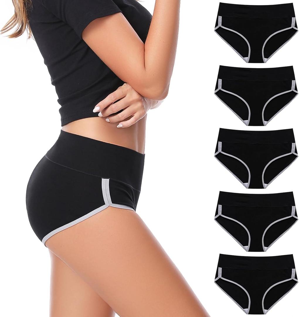 CAILECOTTON Womens Underwear Cotton High Waisted Underwear for Women Brief Soft Stretch Breathable Everyday Hipster 5ps (Medium, Black, 5pcs)