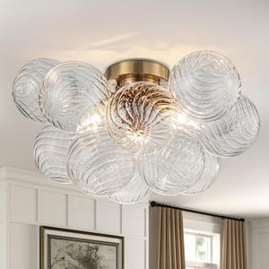 Semi Flush Chandelier Gold, Modern Light Fixtures Ceiling Mount Visual Comfort Lighting Pendant 3 Light Dining Chandeliers Over Table Glass 17.72in 13 Clear Swirled Globe for Foyer Bedroom Kitchen (18.5 Swirled)