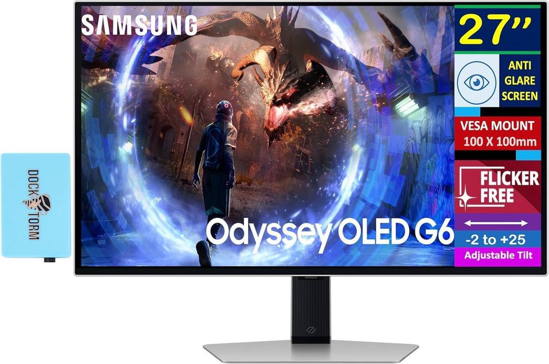 Samsung Odyssey OLED G6 27" QHD Gaming Monitor 360Hz Display with Anti-Glare, Flicker Free, VESA Mount (100mm), HDMI, Displayport & Dockztorm USB Port Expander, Silver Color (LS27DG602SNXZA)