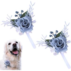 2 PCS Pet Collar Flowers Dog Wedding Flower Bow Tie Removable Floral Accessory for Dog Collar Elegant Rose Charm for Wedding Ceremony Puppies Cats Grooming, Pet Photo Prop (Blue1)