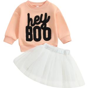 Kuriozud Toddler Baby Girl Halloween Outfits 6 9 12 18 24Month 2t 3t 4t Sweatshirt Top+Tutu Tulle Skirt Set Halloween Cothes (Hey Boo Pink White)