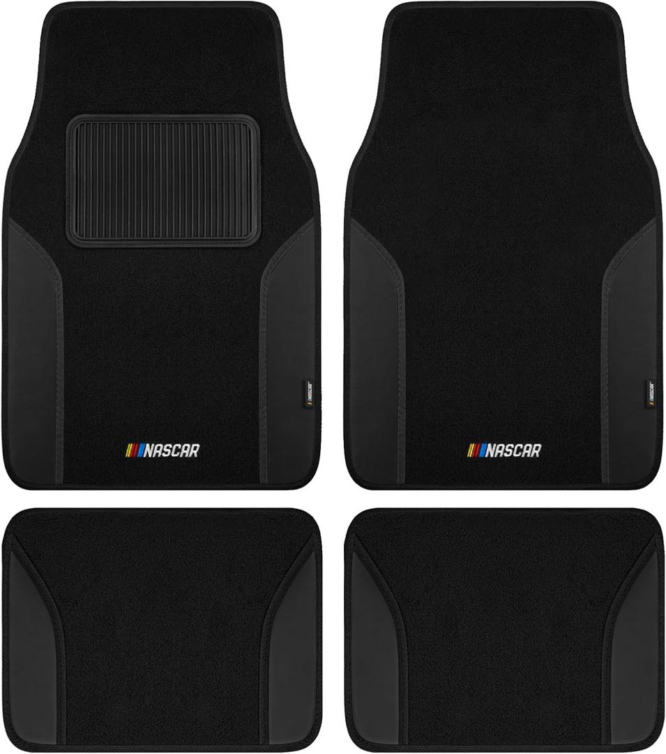 NASCAR Car Floor Mats, Carpet & Black Leather Design Car Mats, Universal-Fit All-Weather Car Floor Mats with Built-in Heel Pad & Anti-Slip Backing, Durable Odorless Automotive Interior Accessories