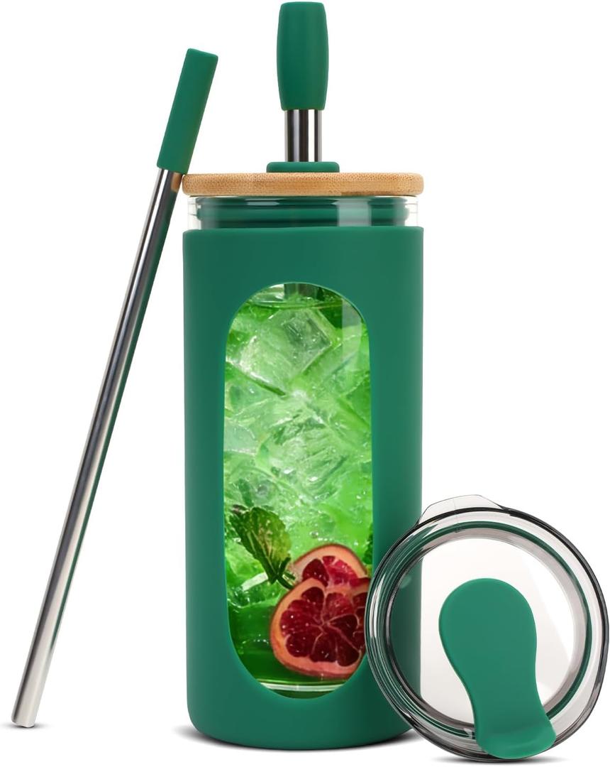 Sursip Glass Cup Tumbler with Straw and Lid, 20 oz Reusable Borosilicate Glass Coffee Cup with Lids for Iced Coffee, Smoothie, Boba, Juice,Travel to Go Tumbler BPA-Free - Forest Green