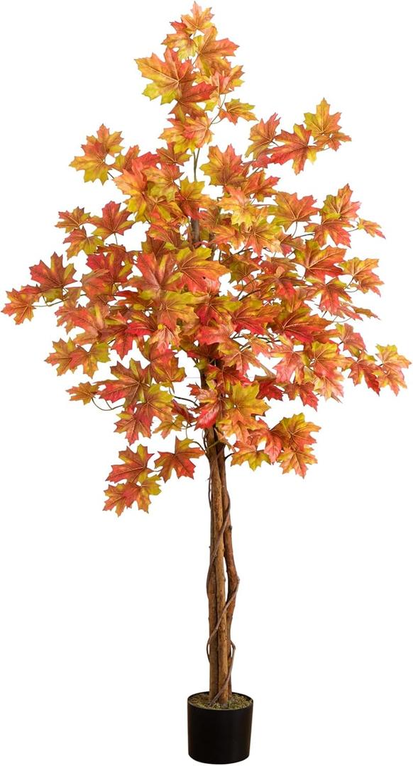 Nearly Natural 5-FT Deluxe Autumn Artificial Maple Tree, Faux Fall Dcor for Home, Decorations for Fall, Autumn, Thanksgiving, and Halloween with Black Nursery Pot