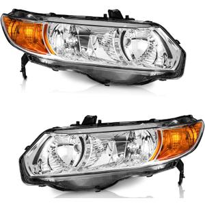 WEELMOTO for 2006-2011 Honda Civic 2-Door Coupe Headlight Assembly Pair Headlamp Chrome Housing Amber Reflector Left + Right Side
