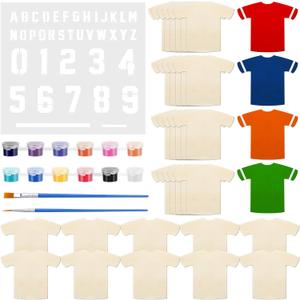 GlikCeil 36 Set Sports Jersey Craft Kit Wooden Jersey Shaped Cutouts Unfinished Clothing Hanging Ornaments with Plastic Mold Painting Set for DIY Projects Sport Themed Party Home Decoration