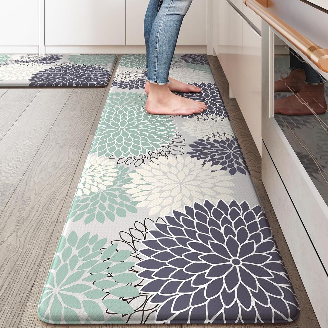Anti Fatigue Kitchen Mats,Non Slip Boho Dahlia Kitchen Rugs Sets 2 Piece,Waterproof Farmhouse Kitchen Mat for Floor,Cushioned Standing Mat for Office,Laundry,Sink,Desk,Mutil-Cyan (17.3" x 59 "+ 17.3" x 29 "--0.47 inches, Bluish Blue)