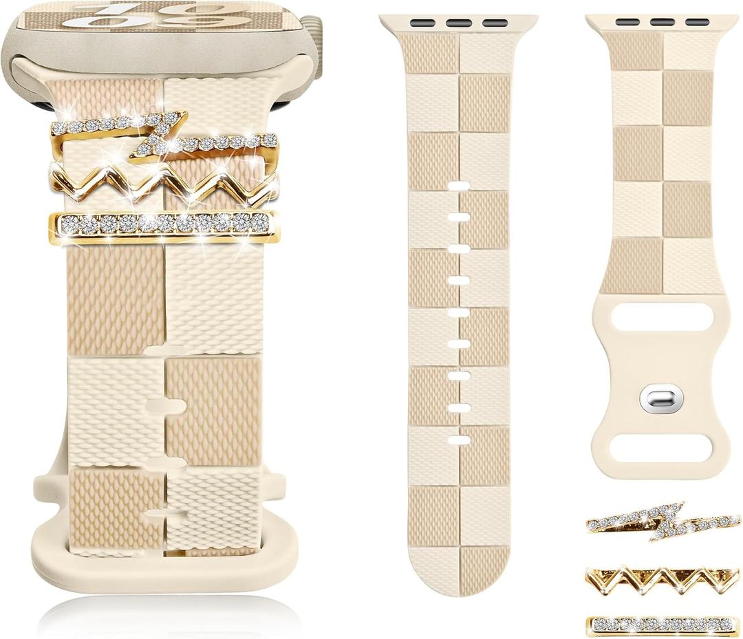 Silicone Strap for Series 10 Apple Watch Band 42/41mm, Stylish Checkerboard Bracelet with Gold Bling Z Charm for iWatch 40/38mm Series 9 8 7 6 5 4 3 SE, Designer Sport Wristband for Apple Watch Bands