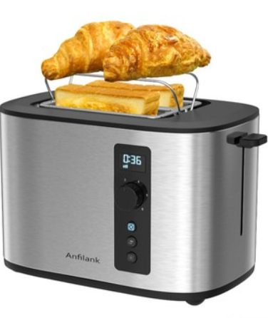 Anfilank Extra Wide Slot 2-Slice Toaster with Digital Countdown Timer, Stainless Steel, 6 Browning Settings, Built-in Warming Rack, Cancel/Bagel/Defrost Functions