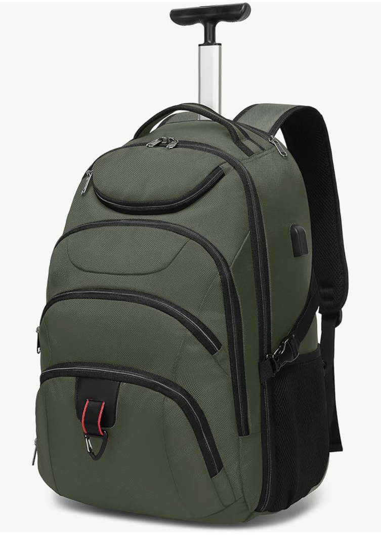 Boavan Rolling Backpack,17 inch Water Resistant Wheeled Backpack,Carry on Luggage Business Bag, Overnight College Computer bag Trolley Suitcase for Men Women Adults to Travel，Green