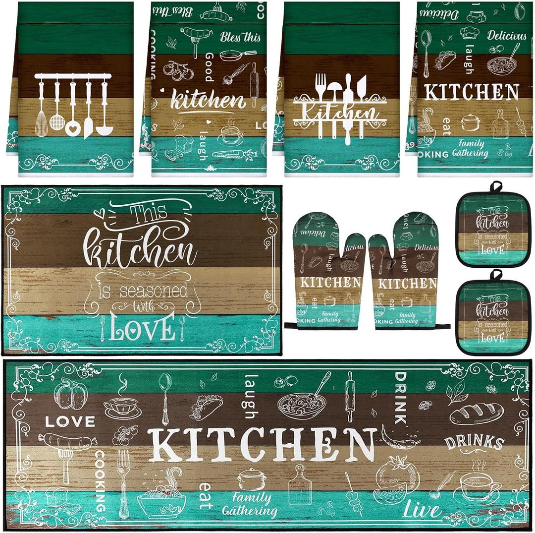 10 Pcs Farmhouse Kitchen Decor Sets 4 Teal Green Kitchen Dish Towels 2 Teal Pot Holders 2 Oven Mitts Glove 2 Brown Rustic Non Slip Rugs and Mats for Floor Home Decorations Accessories Mom Gifts