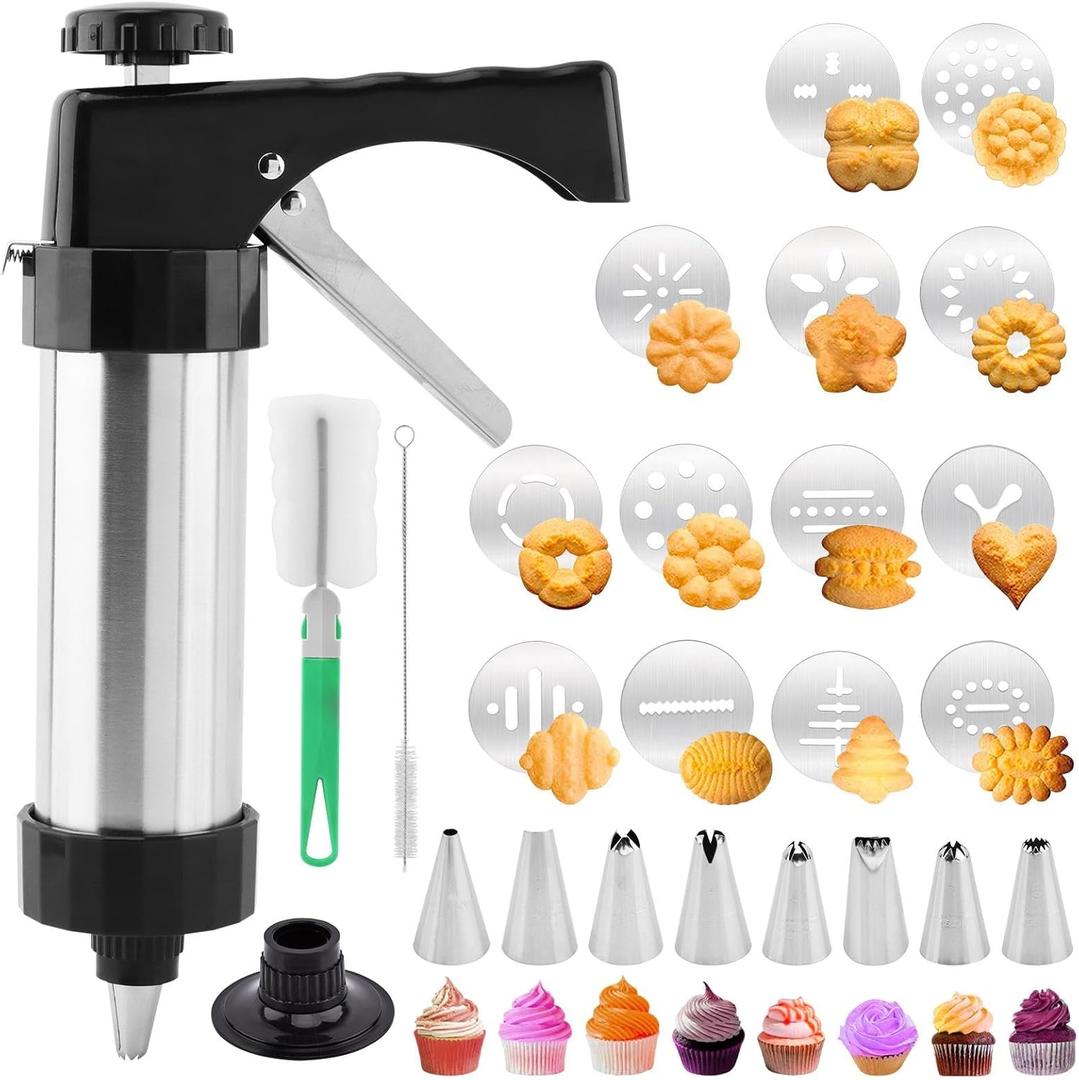 Cookie Press Gun Kit, Spritz Cookie Press for Baking Icing Gun with 13 Cookies Discs and 8 Piping Tips for DIY Christmas Cookies, DIY Biscuit, Decorating Baking Supplies