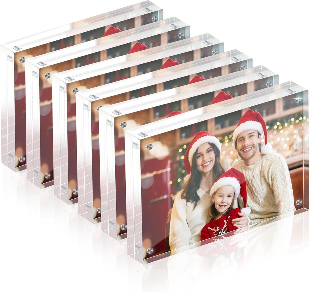 5x7 Acrylic Picture Frame Set of 6, 20mm Thick, Double-Sided Transparent Magnetic Frameless Photo Frame, Desktop Freestanding Display for Office or Home Decor