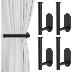 Adhesive Curtain Holdbacks - 4 Pack No Drill Tie Backs Hooks for Drapes, Damage-Free Wall Mounted Curtain Holders with Strong Adhesive (Black)