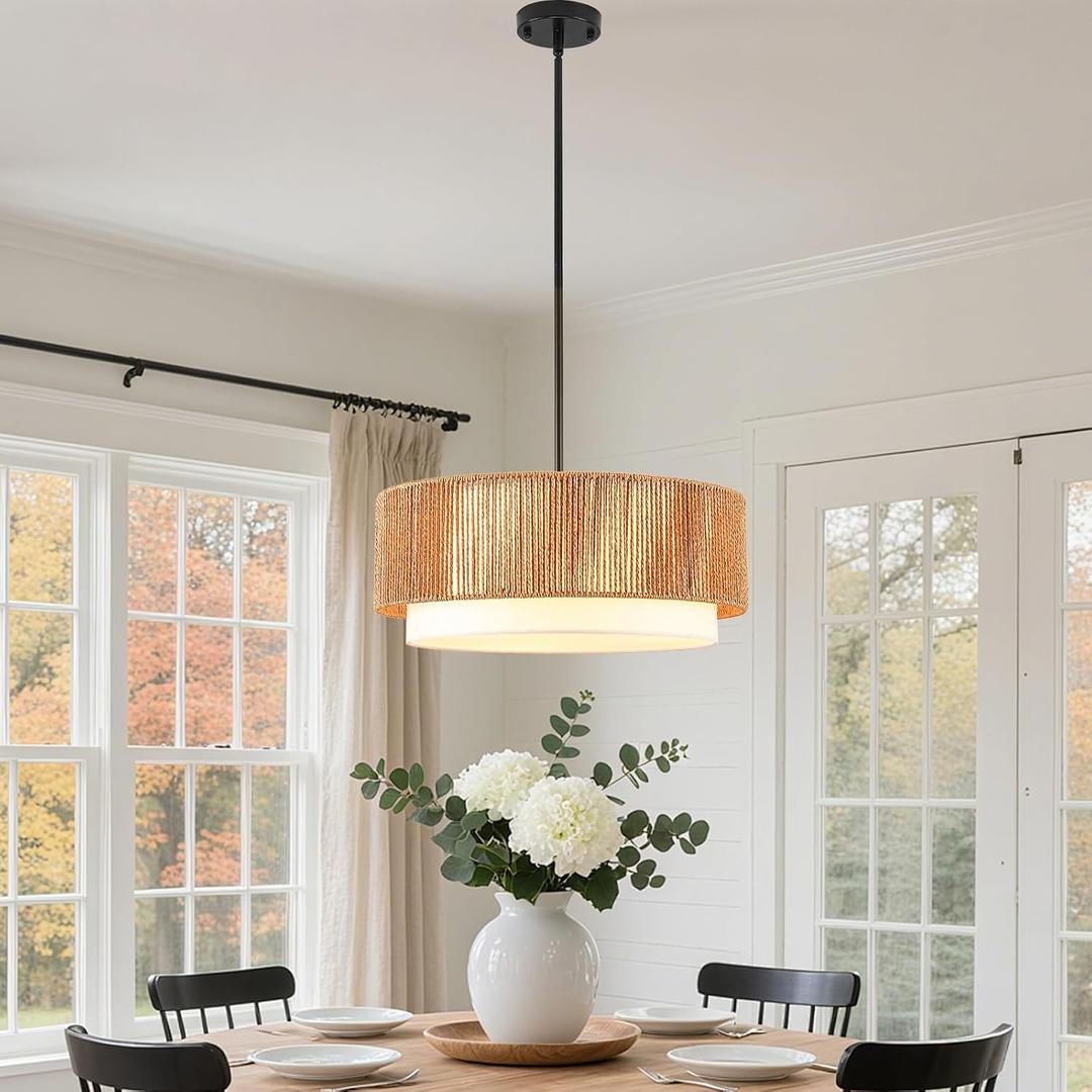 19" Boho Rattan Chandelier, Hand-Woven Wicker Drum Light Fixture 3-Light | Vintage Farmhouse Woven Pendant Light, E26 Base 40W Max, Height Adjustable, Dimmable, for Dining Room Kitchen Living Room