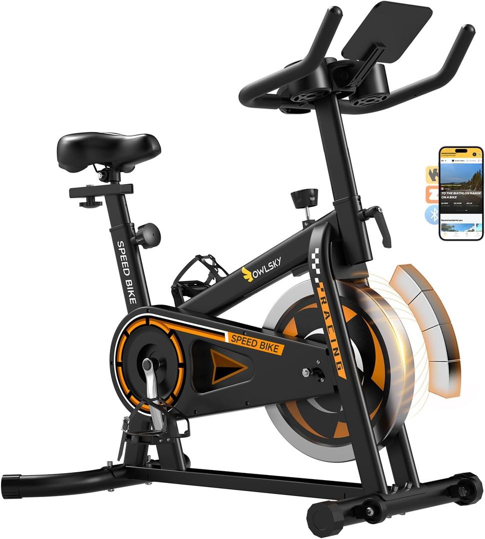 OWLSKY Exercise Bike with APP, Indoor Cycling Bike, 300 lbs Capacity Quiet Stationary Bike for Home Gym Cardio Workout, Adjustable Seat & Tablet Holder (Orange)