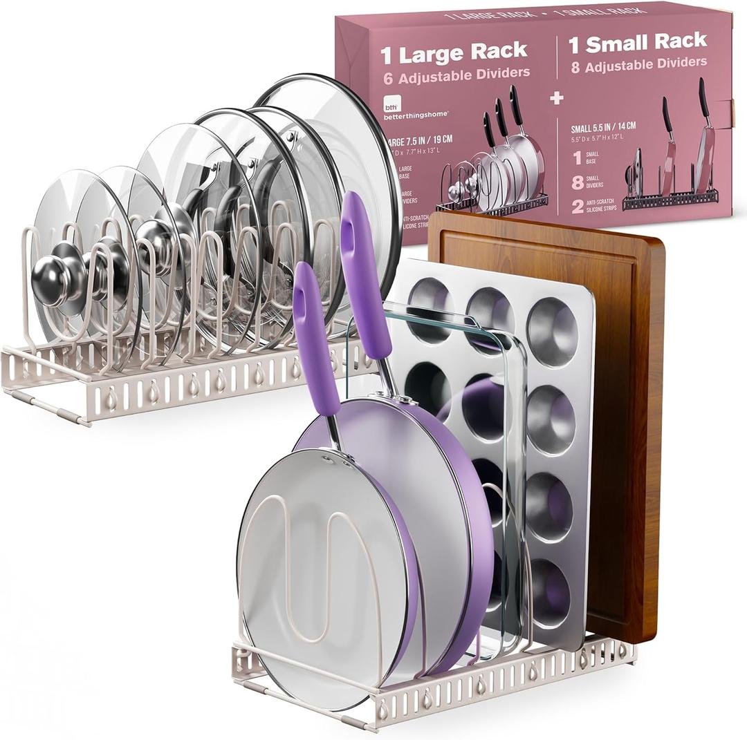 Better Things Home 14+ Dual Pan and Pot Lid Organizer Rack Set for Cabinet - Includes 1 Large Rack & 1 Compact Rack for Bakeware, Lids & Pans (White Sand, PAN + LID SET)