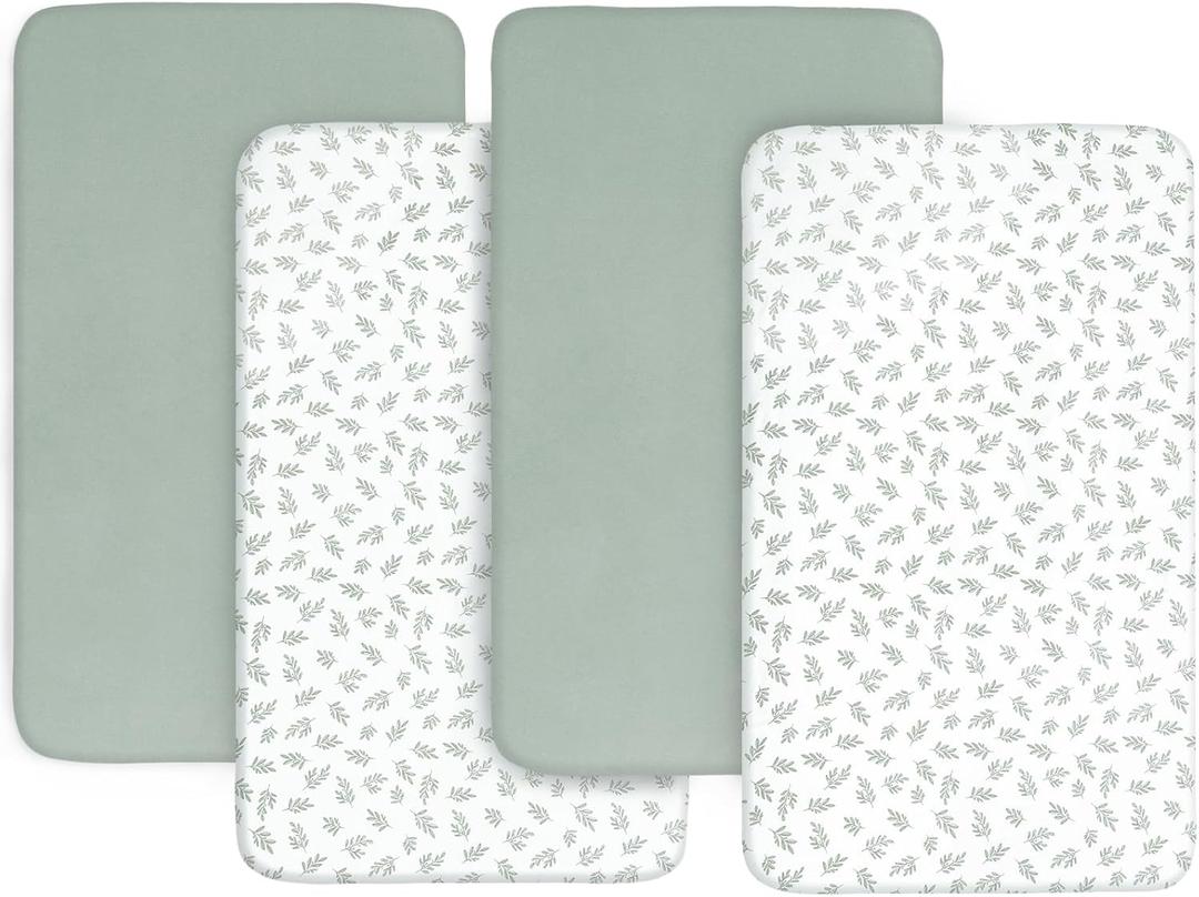 Baby Bassinet Sheets 4 Pack Compatible with BCOL, COWIEWIE, YADAQE, Graco Travel Lite Crib, Cloud Baby, Ingenuity Bassinet, Ultra Soft & Skin-Friendly, Green Leaf