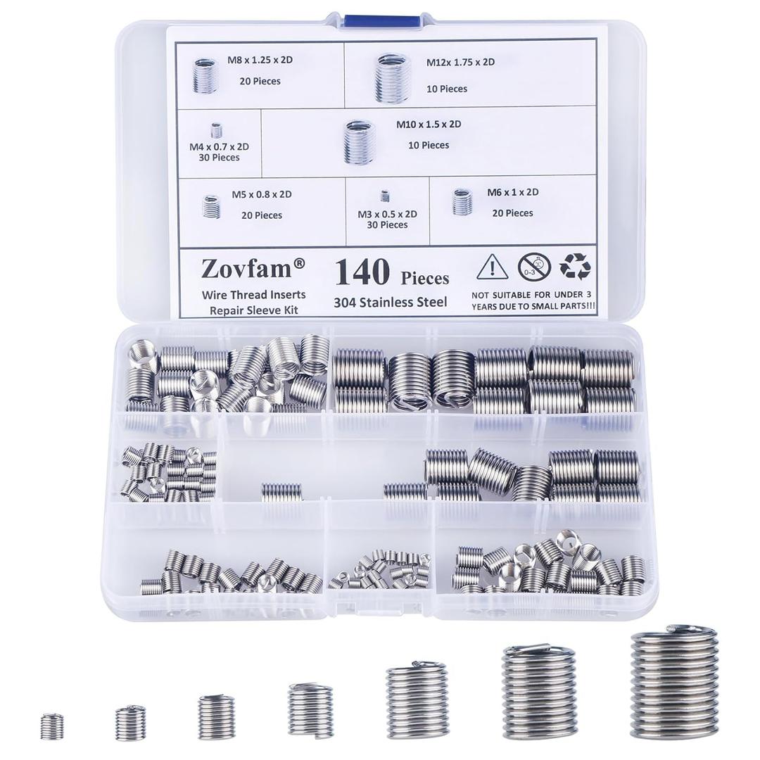 Wire Screw Sleeve Thread Repair Inserts Assortment Kit 304 Stainless Steel Metric M3 M4 M5 M6 M8 M10 M12 Wire Thread Inserts Helicoil Thread Repair Kit 140Pcs