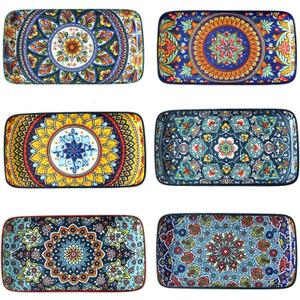 glowworm Porcelain Appetizer Plates Set of 6, 8.5 Inch Rectangular Salad Plates for Sushi, Dessert, Christmas Serving Platters, Serving Tray for Party, Microwave & Oven Safe, Bohemian