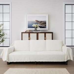 Chenille Couch Cover Washable Beige White Couch Throw Covers for 3 Cushion Couch Comfortable Thick Soft Blanket Sofa Covers L Shape Heavy Duty Furniture Protector for Kids, Pets, Ivory 91"x 150"