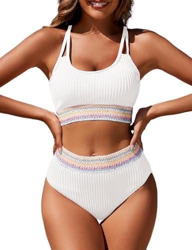 Zuvebamyo Women's High Waisted Ribbed Bikini Set Two Piece Crop Top High Cut Swimsuit Criss Cross Back Bathing Suit (S, White)