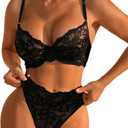 RoseSeek Women's 2 Piece Lingerie Set Floral Mesh Push Up Lace Bralette Babydoll Lingerie Bra and Panty Sets S