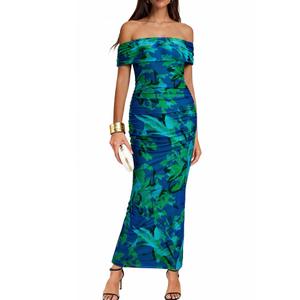 BTFBM Cocktail Dresses for Women 2026 Elegant Classy Off Shoulder Bodycon Mesh Slit Floral Maxi Spring Summer Dress(Floral Green, X-Large) (XL)