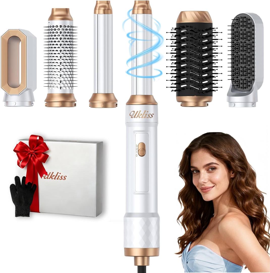 Ukliss Hair Dryer Brush 6 in 1 & Blow Dryer Brush | Controlled Airflow for Effortless Auto-Wrap Curls & Frizz-Free Shine, Salon Styling at Home for All Hair Types with ALCI Plug (Whitegold)