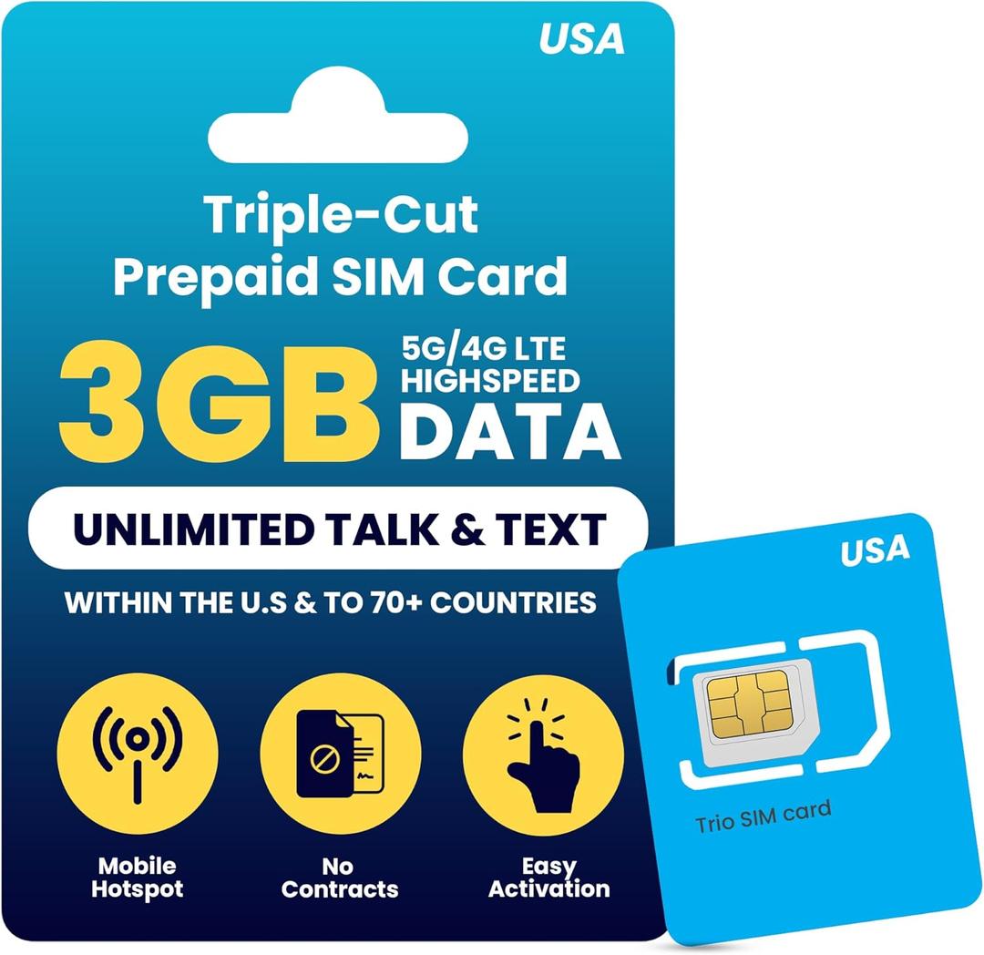 H2O Wireless 30-Day USA Physical Prepaid SIM Card with 3GB High-Speed 4G LTE/5G Data & 2GB Mobile Hotspot, Unlimited Data, Talk & Text to 70+ Countries, Triple-Cut US SIM Card for Cell Phones